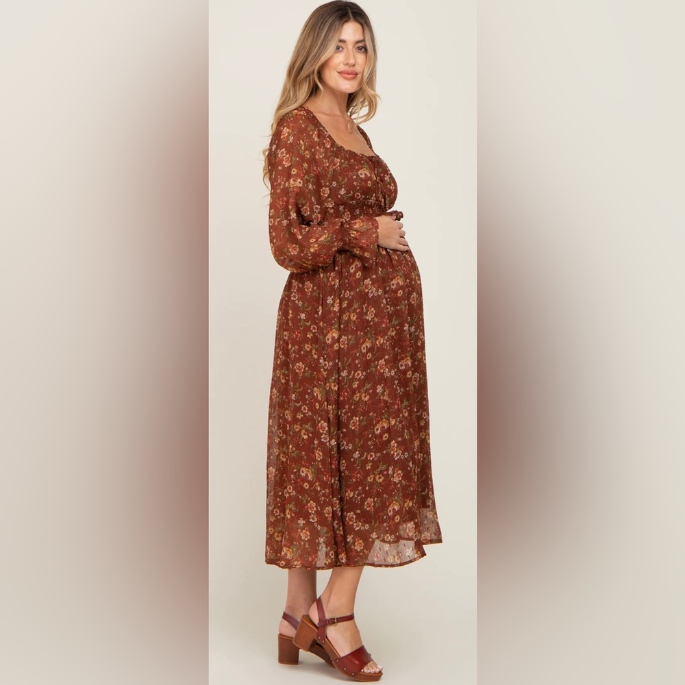 Brown Floral Chiffon Smocked Waist Maternity Midi Dress